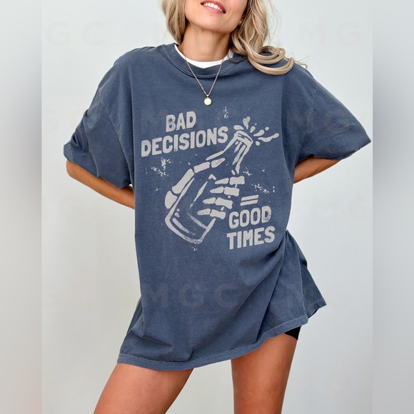 Comfort Colors Bad Decisions Good Times Distressed Graphic Tee Shirt - Picture 5 of 10